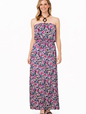 Nina Piu Floral Strapless Maxi Dress Womens Large Smocked Waist Boho